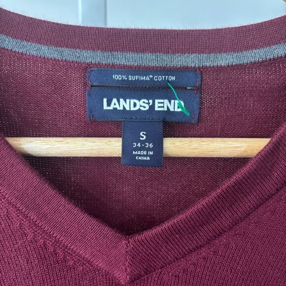 Lands' End Men's Burgundy Sweater size small v neck long sleeve sweater Pima - Picture 2 of 6
